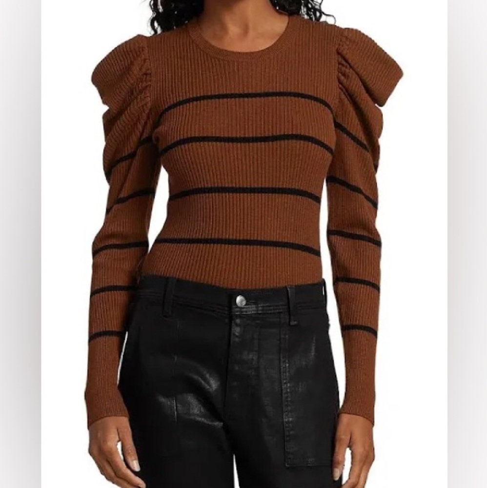 Seven for all mankind Stripe Rib-Knit Puff-Sleeve Sweater